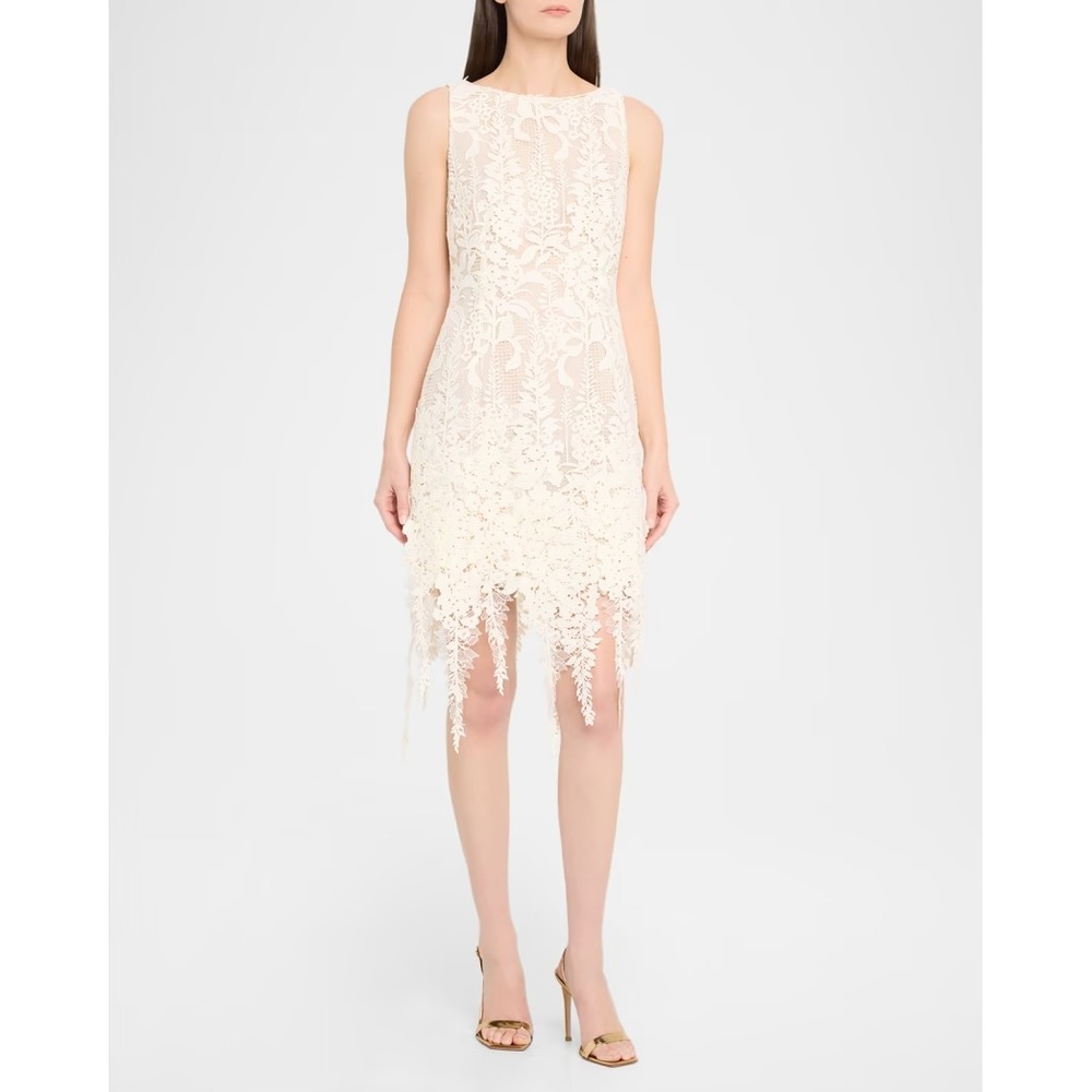 Oscar De La Renta Mini Dress Sleeveless Foxgloves Guipure Lace  Ivory Size 10